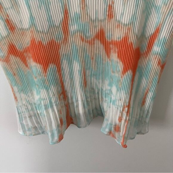 She + Sky Blue Orange Watercolor Pleated Spagetti Strap Tank Top Blouse - Picture 7 of 9